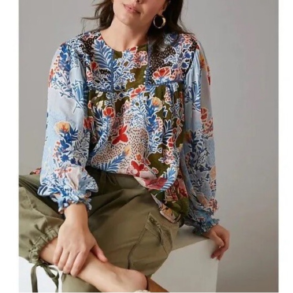 Bl^nk London x Anthropologie MIRANDA PEASANT X-Small Blue Green Floral blouse
